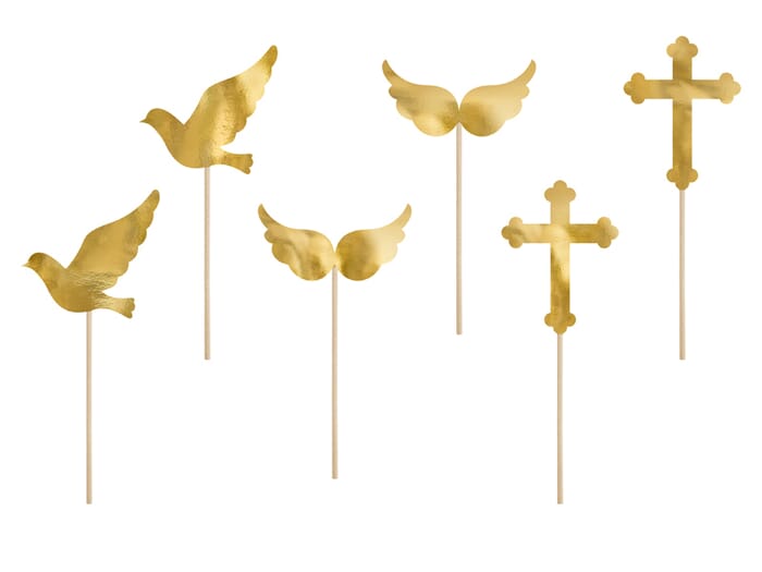 Cupcake Topper / Aufsatz Heilige Kommunion Set Kreuz Flügel Taube, gold, 8,5-11cm