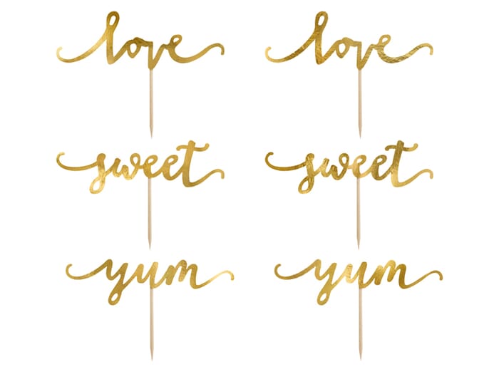 Cupcake toppers Love sweet yum, 6 pcs, gold, 13cm