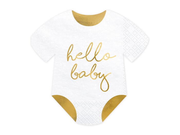 20x serviettes Baby Gender Reveal en forme de grenouillère, blanc-doré, baby shower
