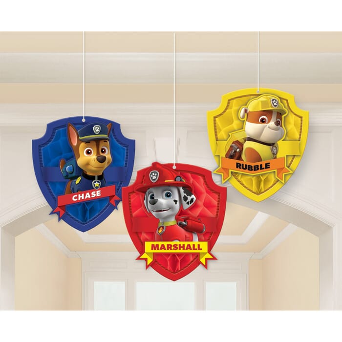 Wabenball-Dekorationen Paw Patrol, 3 Stück, Chase, Marshall, Rubble, hängend, 17 cm