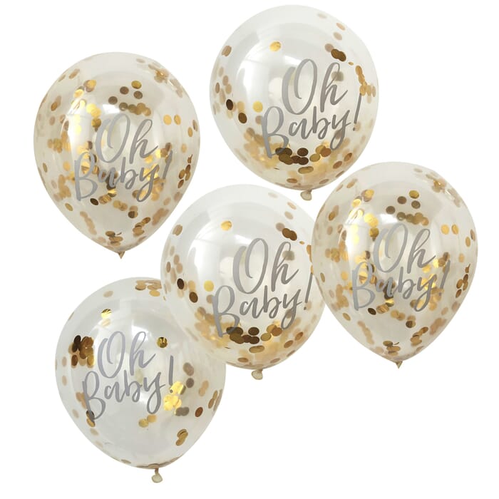 Ballons Oh baby mit goldenem Konfetti gefüllt, 5 Stück, 30cm