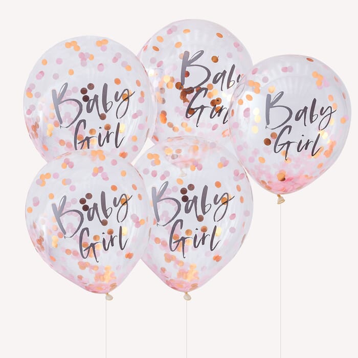 Ballons Baby Girl mit pinkem Konfetti, 5 Stück, Babyshower Babyparty