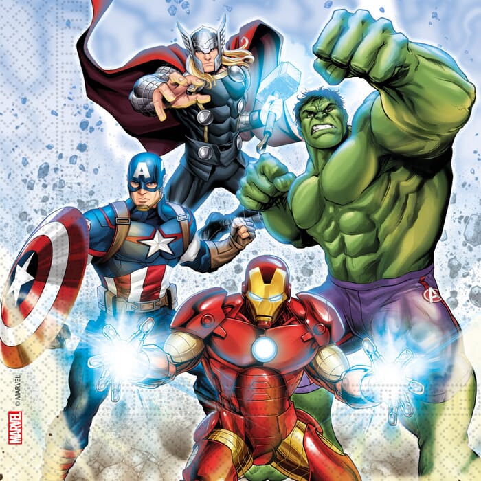Servietten Avengers, 20 Stück, mit Hulk, Thor, Iron Man etc, 33x33cm Tischdeko