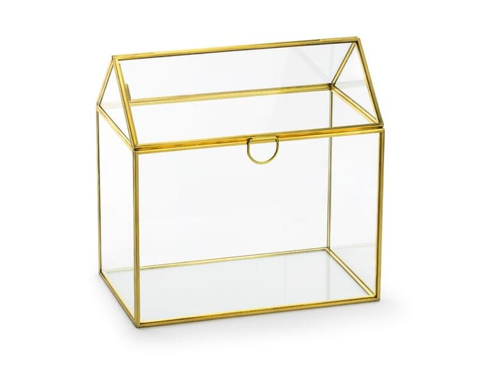 Goldene Box für Glückwunschkarten, aus Glas, 13x21x21cm, Hochzeitsdeko