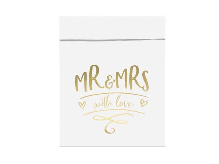 Treat bags / goodie bags for wedding with Mr & Mrs inscription 13x16,5cm, white-gold