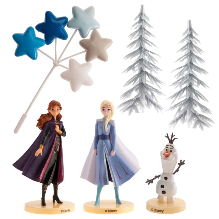 Tortendeko Set Frozen mit Anna, Elsa, Olaf, Bäumen und Sternen, 6 Teile