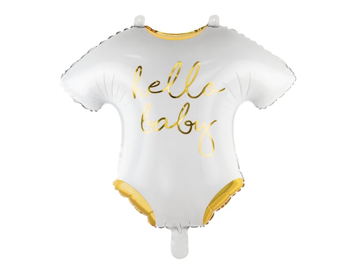 Folienballon Baby Strampler mit "Hello Baby" Aufschrift, weiß-gold, 51x45cm