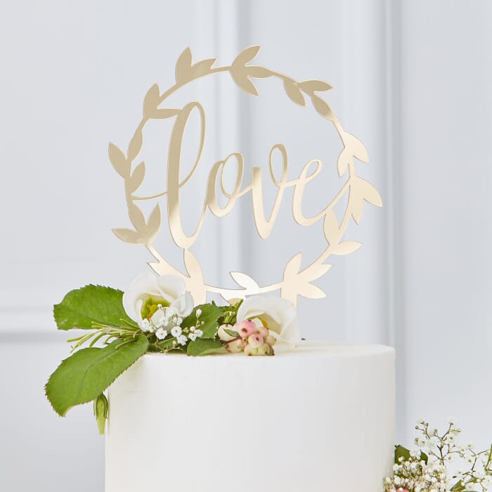 Cake Topper / Tortenstecker Love mit Blumenkranz, gold, Acryl-Design, 20cm