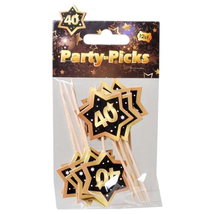 Party Picks zum Geburtstag, 12 Stk, schwarz-gold, 18 30 40 50 60 Partydeko