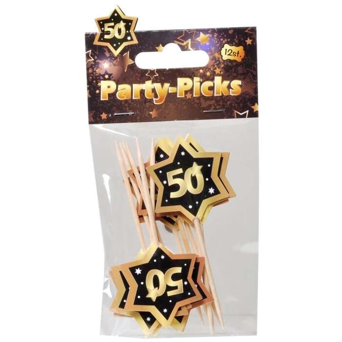 Party Picks zum Geburtstag, 12 Stk, schwarz-gold, 18 30 40 50 60 Partydeko