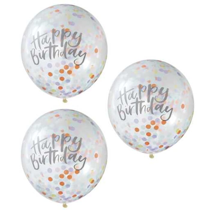 Konfettiballons Happy Birthday, bunt pastell, 5 Stk., Geburtstag, Partyballons