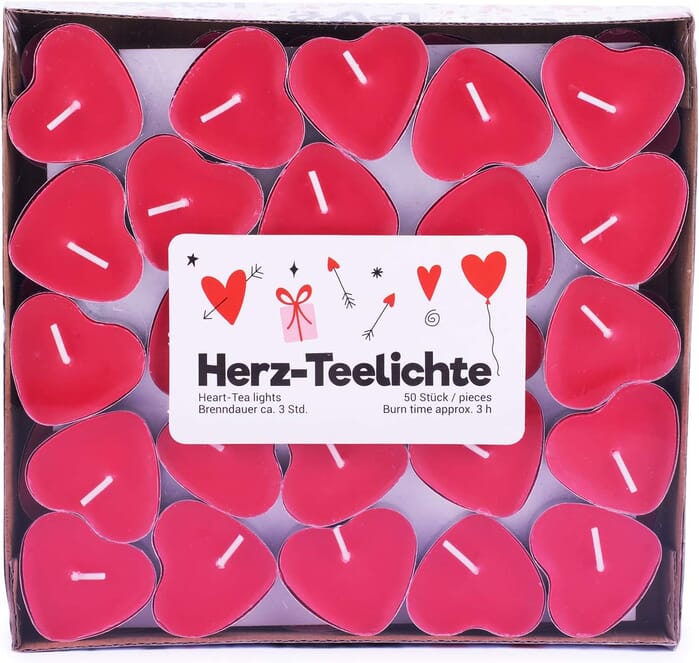 Teelichte Love Me in Herzform, 50 Stück, 3 Std. Brenndauer, Gastronomie