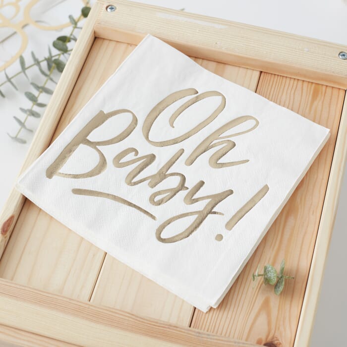 Servietten Oh baby, weiß mit goldener Schrift, Gender Reveal, 33x33cm