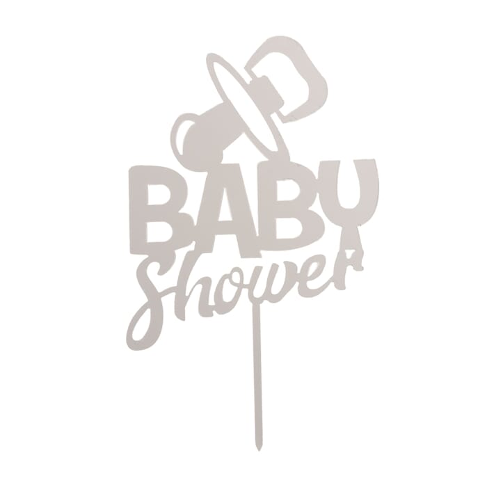 Cake Topper Baby Shower mit Schnuller in silber als Tortenstecker 16x10cm