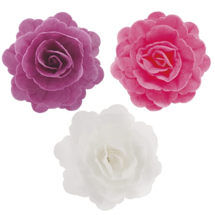 Essbare Rosen für die Torte aus Oblate, 15 Stück, je 7cm, 3 Farben Mix, Tortendeko Kuchen Deko Blüten