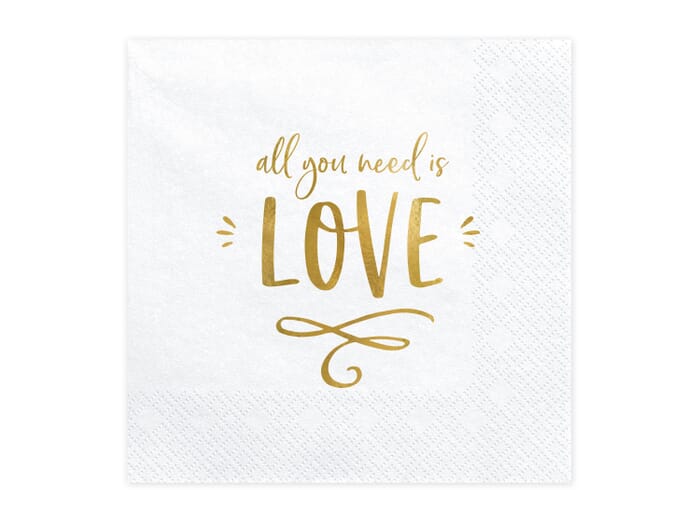 Servietten weiß mit goldener Aufschrift "All you need is love", 3-lagig, 20 Stk.