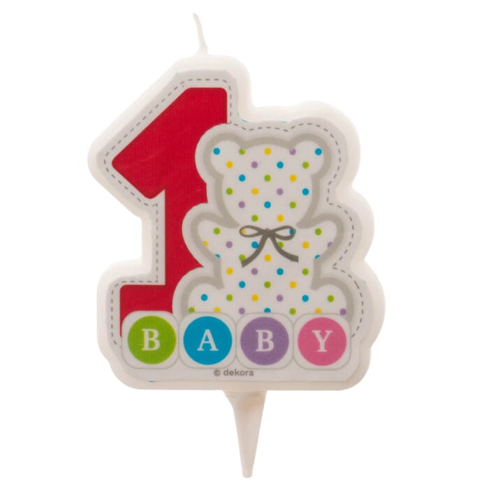 Bougie d'anniversaire 1er anniversaire avec petit ourson, blanc, 7.5cm