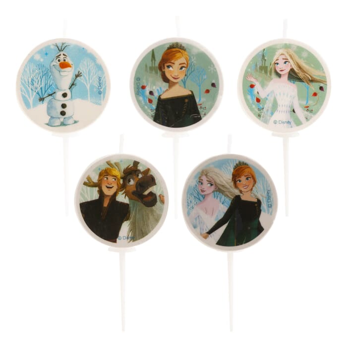 Geburtstagskerzen rund in Lolliform mit den Disneyhelden von Frozen, 5 Stück