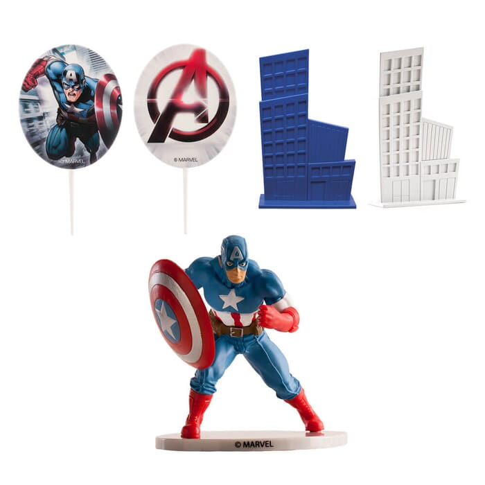 Tortendeko Set Captain America mit 2 Häusern und 2 Kerzen, zum Geburtstag