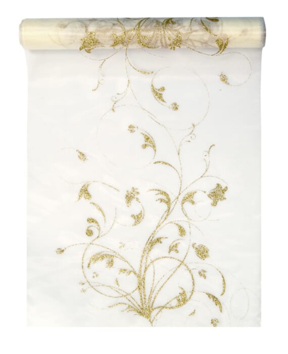 Tischläufer goldene Äste, creme, aus hochwertigem Organza Stoff, 36cm x 5m